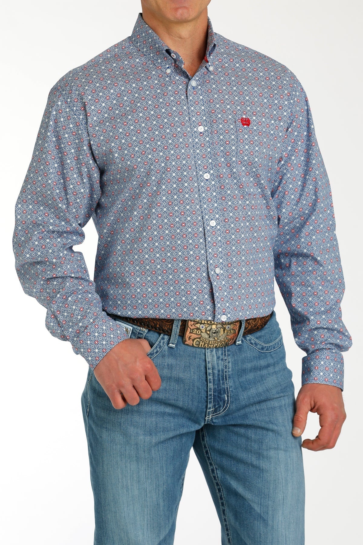 MILLER INTERNATIONAL CLOTHING-MENS MENS RED/BLUE PRINT LONG SLEEVE CINCH SHIRT