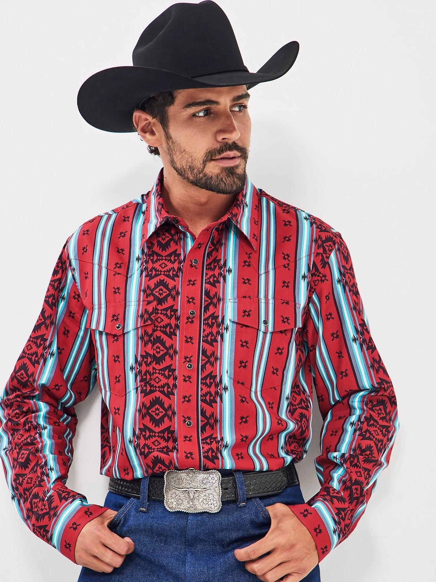 WRANGLER MENS CLOTHING MENS RED CHECOTAH WESTERN LONG SLEEVE SHIRT