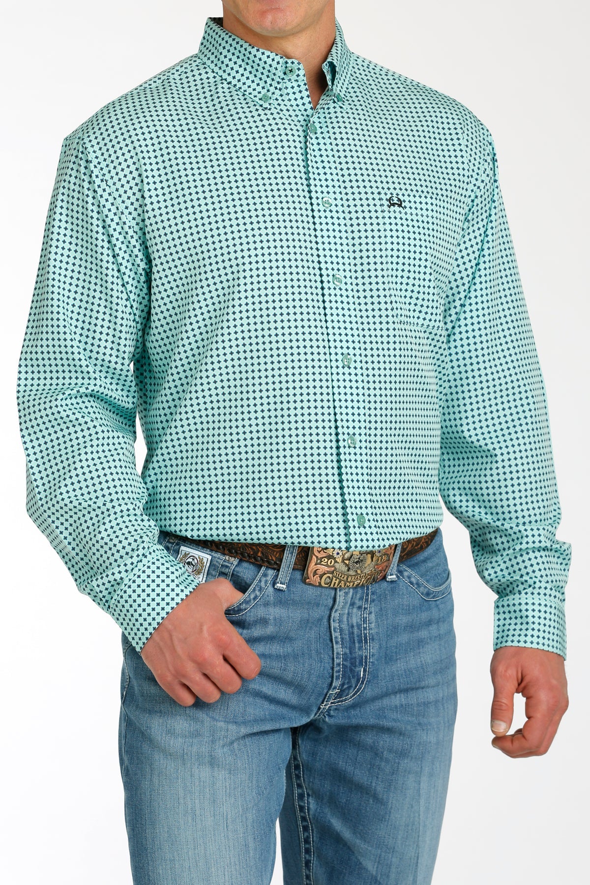 MILLER INTERNATIONAL CLOTHING-MENS MENS TURQUOISE PRINT ARENAFLEX LONG SLEEVE SHIRT