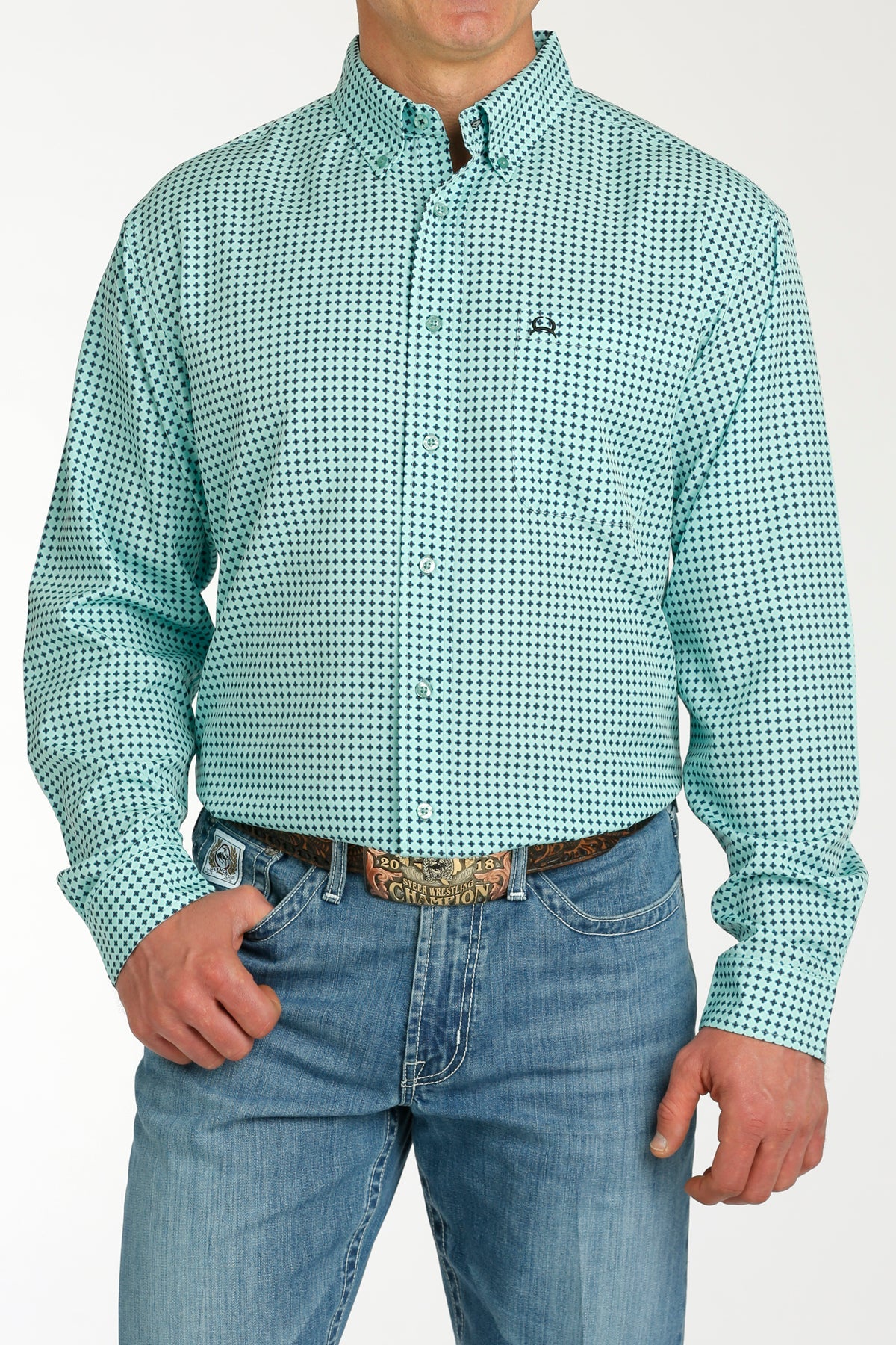 MILLER INTERNATIONAL CLOTHING-MENS MENS TURQUOISE PRINT ARENAFLEX LONG SLEEVE SHIRT