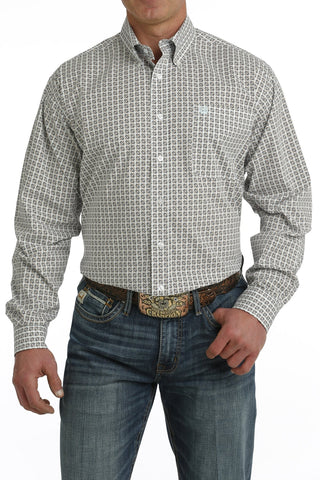 MENS LIGHT BLUE/TAN PRINT LONG SLEEVE CINCH SHIRT