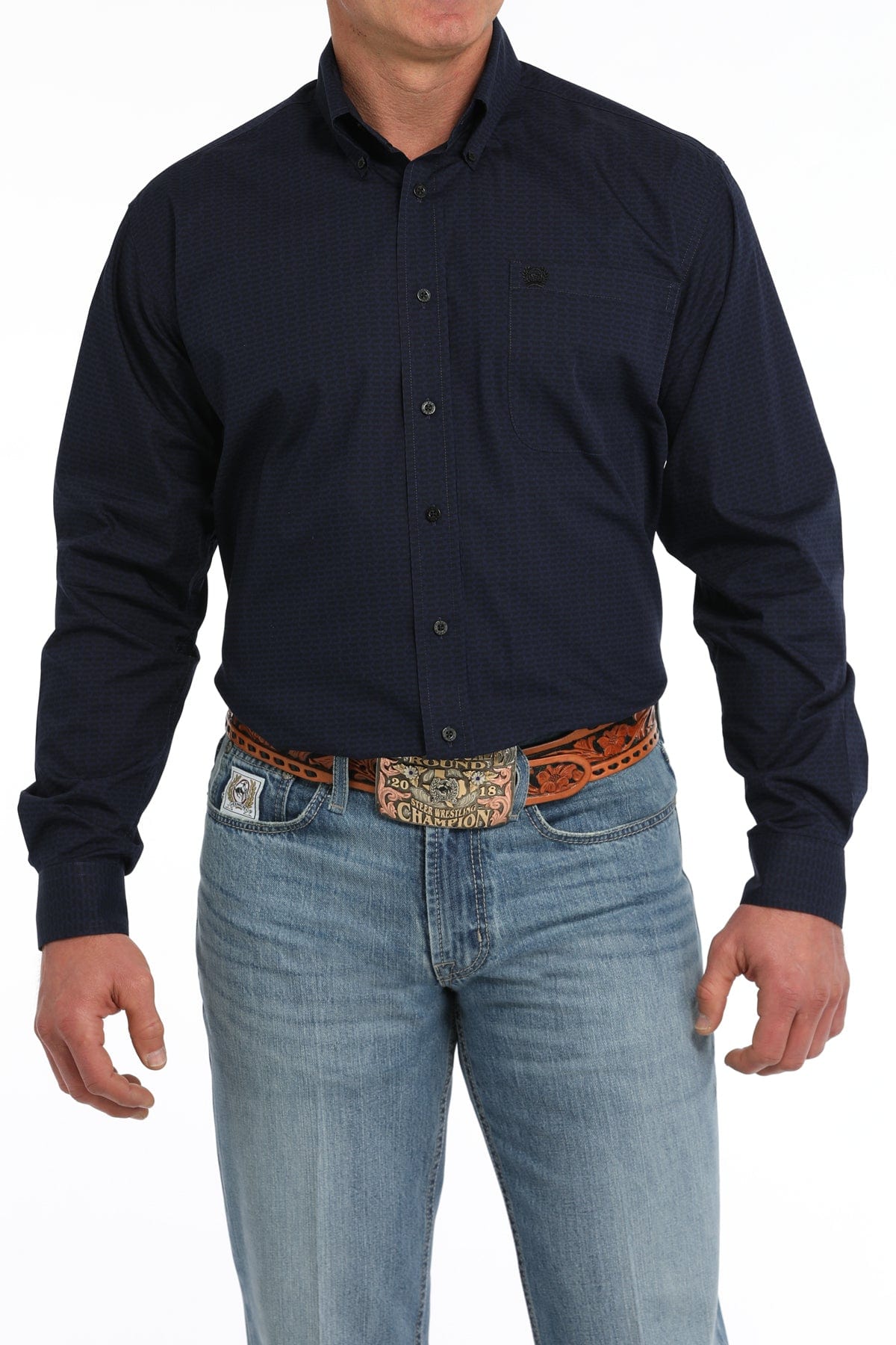 MILLER INTERNATIONAL CLOTHING-MENS NAVY BEEF CATTLE PRINT LONG SLEEVE SHIRT