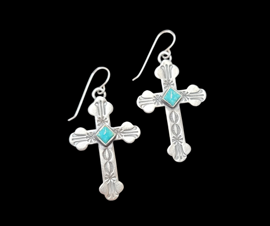 SUNWEST SILVER ACCESSORIES DON ANNA TURQUOISE SILVER HANDCRAFTED CROSS EARRINGS