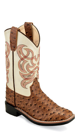 OLD WEST BOOTS (JAMA CORP) BOOTS 8.5 KIDS (8.5-3) TAN OSTRICH PRINT SQ TOE BOOT