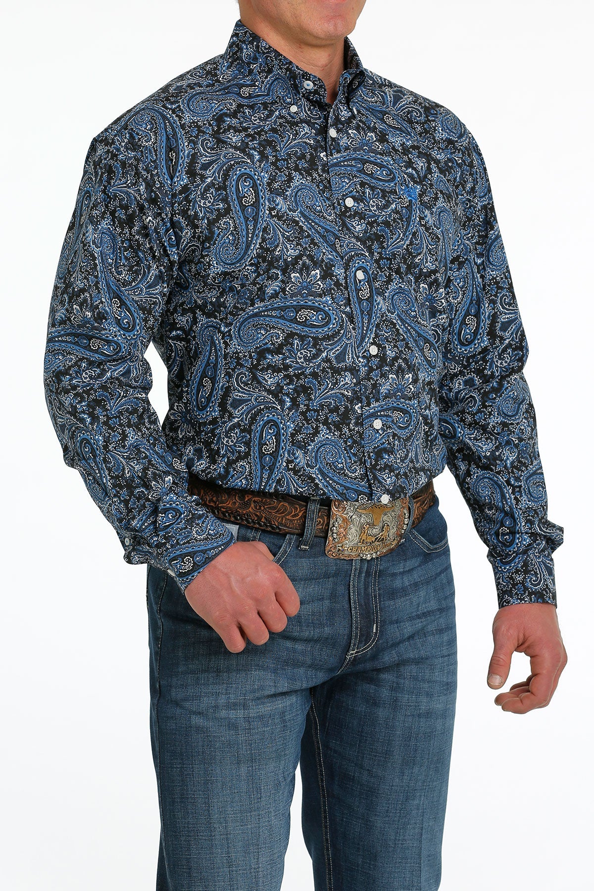 MILLER INTERNATIONAL MENS CLOTHING MENS NAVY PRINT CINCH LONG SLEEVE SHIRT