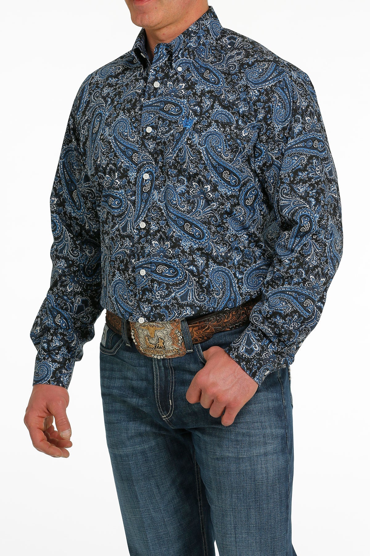 MILLER INTERNATIONAL MENS CLOTHING MENS NAVY PRINT CINCH LONG SLEEVE SHIRT