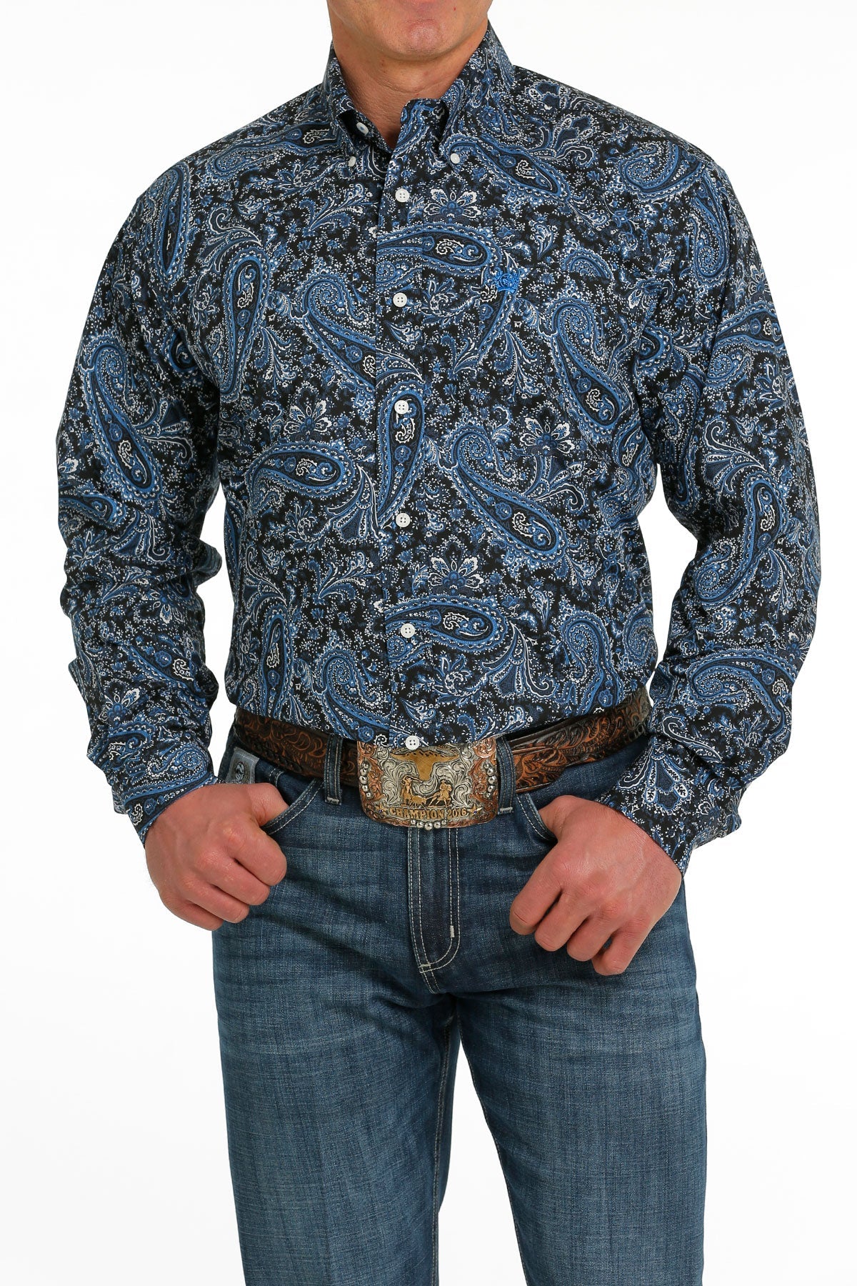 MILLER INTERNATIONAL MENS CLOTHING MENS NAVY PRINT CINCH LONG SLEEVE SHIRT