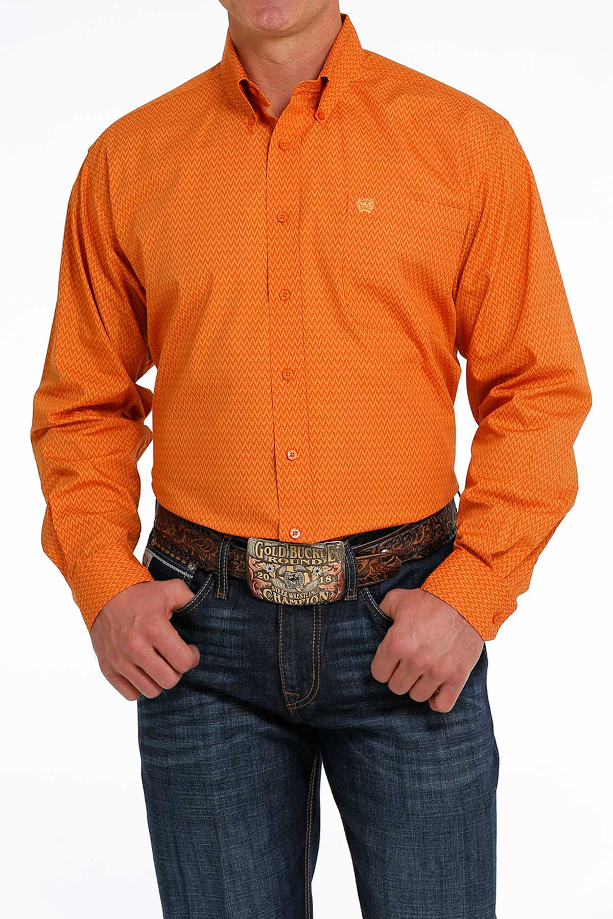 MILLER INTERNATIONAL MENS CLOTHING MENS ORANGE PRINT CINCH LONG SLEEVE SHIRT