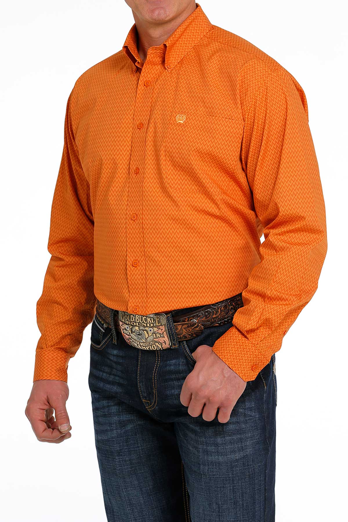 MILLER INTERNATIONAL MENS CLOTHING MENS ORANGE PRINT CINCH LONG SLEEVE SHIRT