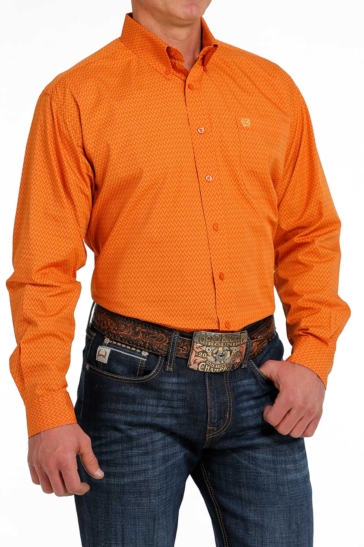 MILLER INTERNATIONAL MENS CLOTHING MENS ORANGE PRINT CINCH LONG SLEEVE SHIRT